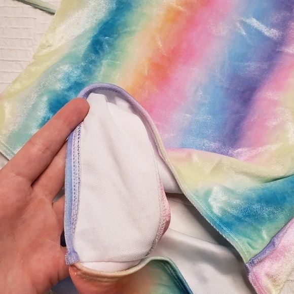 Quintsoul S NWOT One Piece Unicorn Rainbow Colorful Velour Deep V  Lace Up - Picture 10 of 14